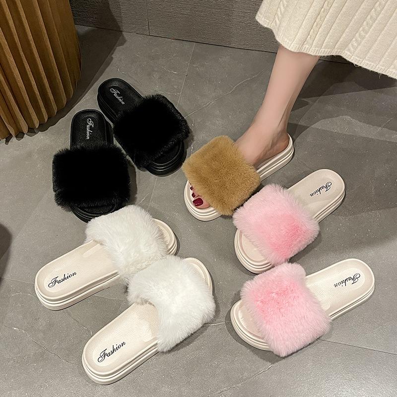 New Mao Mao slippers for women to keep warm at home, popular thick-bottomed muffin bottom, round head cool slippers for women