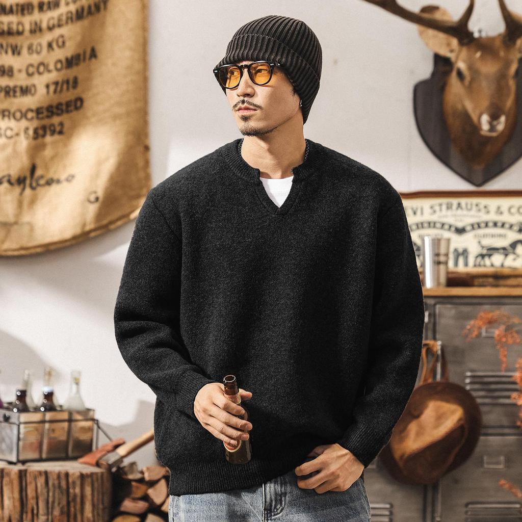 Men's Retro V-neck Wool Sweater: Winter Warmth and Plush Feel