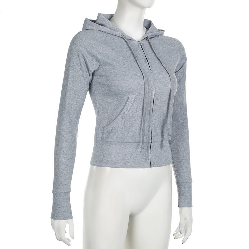 Gray Street Style Zip Up Hooded Sweatshirt Slim Fit Women S Casual Top
