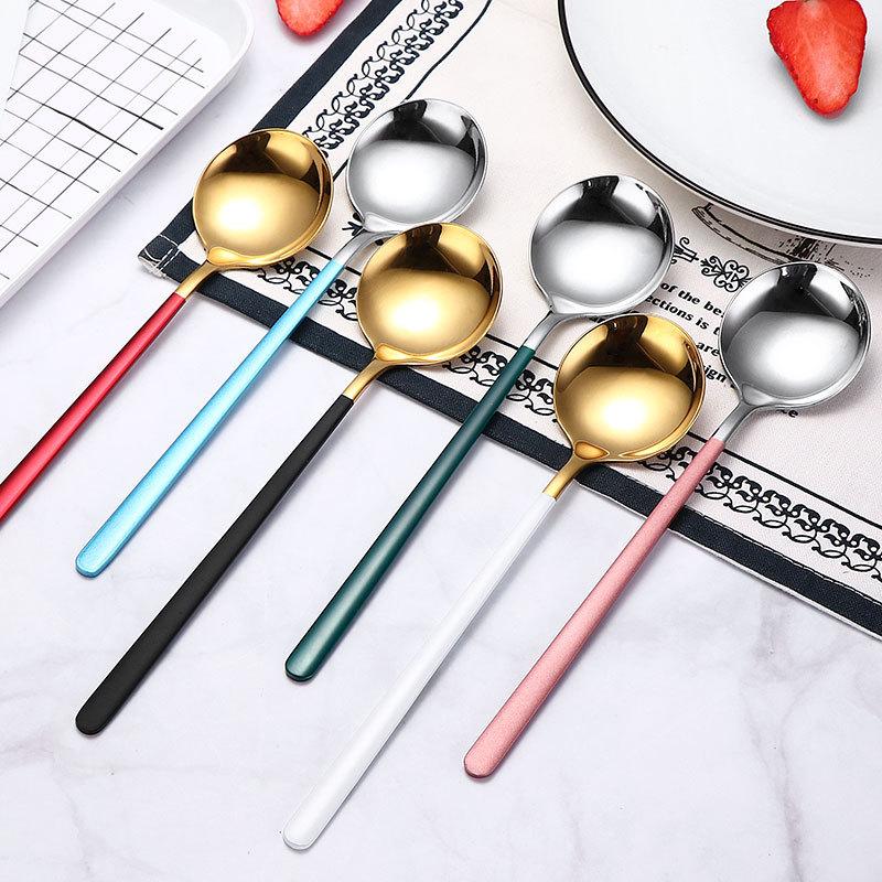 Stainless Steel Spoon Korean Style Spoon Household Exquisite Long Handle Spoon Soup Spoon Kitchen Dining Round Spoon
