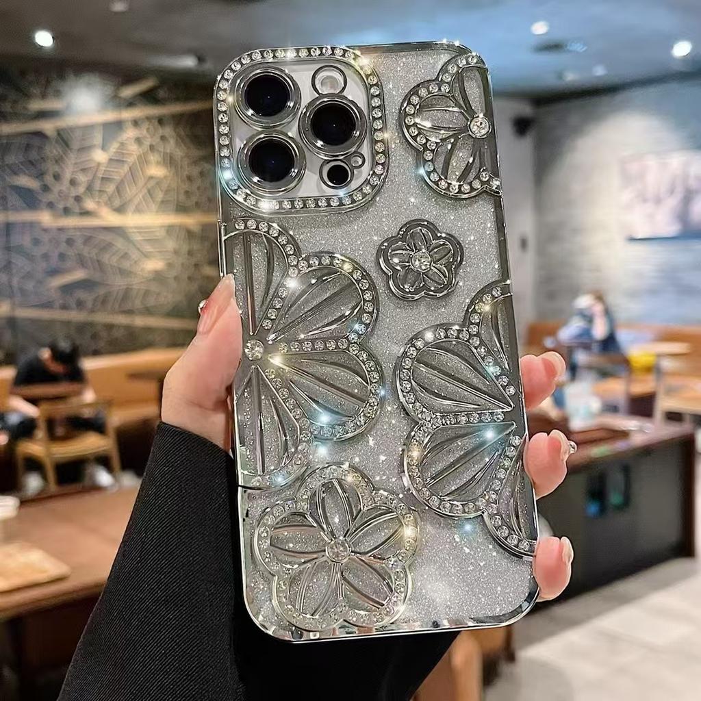 Geeignet für Ip16promax Galvanisierte Glitzerkante Diamant Blume Apple 13/14/15 Ölgemälde Blume Weiche Hülle