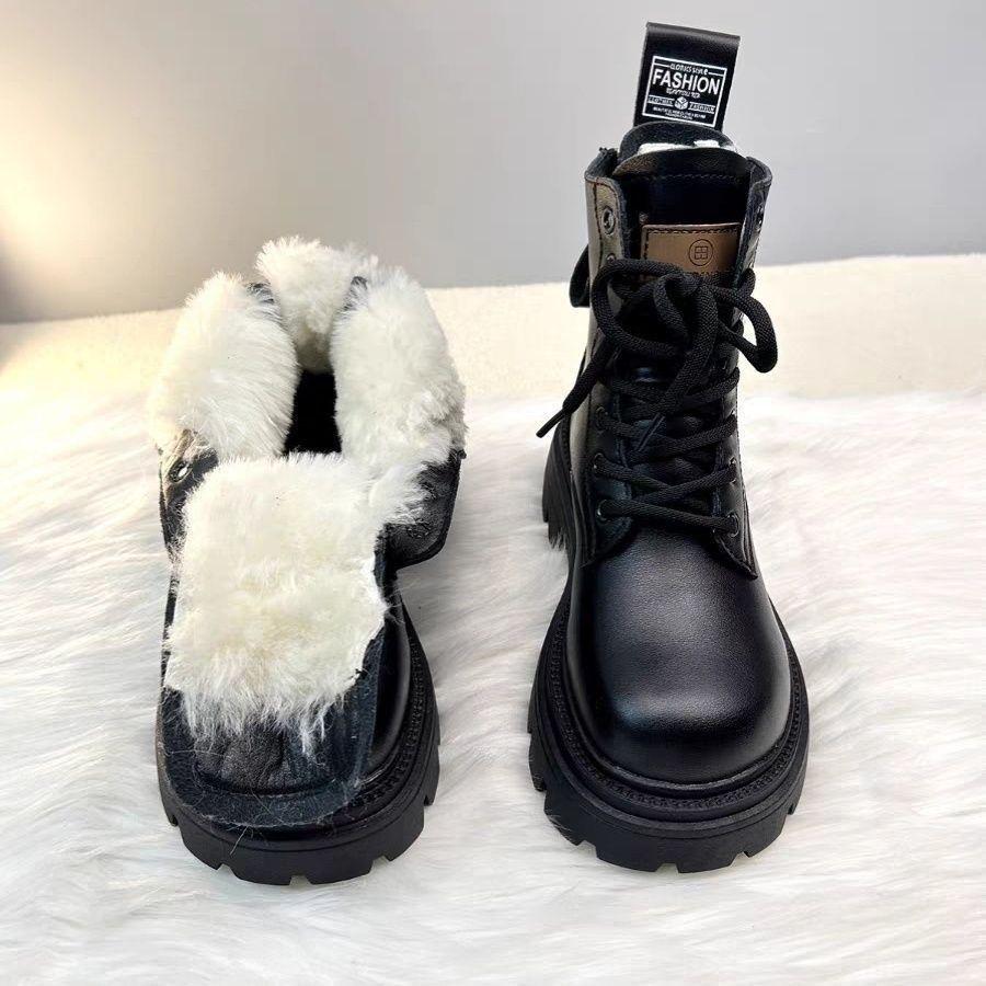 2025 Women's Genuine Leather Thick-Soled Martin Boots - New Fashion Fleece-Lined Warm Ankle Snow Boots
