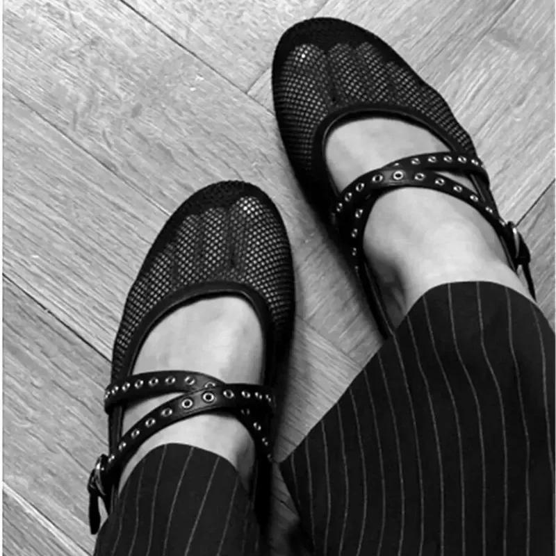 Black Mesh Ballet Flats Women Fashion Belt Buckle Design Hollow Out Flat Shoes Summer Light Comfort Beach Sandals Mules Loafers