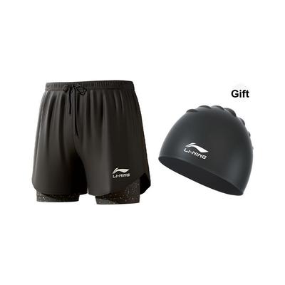 Li-Ning Double Layer Anti-Embarrassment Comfortable Breathable Moisture-Wicking Swim Shorts Men Swimwear Black LSKV328-B