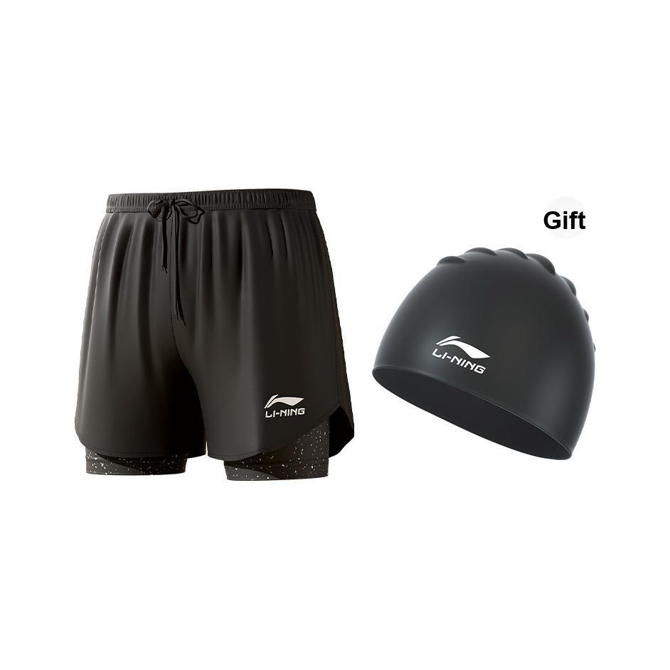 Li-Ning Double Layer Anti-Embarrassment Comfortable Breathable Moisture-Wicking Swim Shorts Men swimwear Black LSKV328-B 3XL