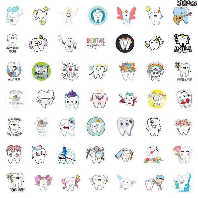 50 Stück Zahn-Sticker Cartoon-Dekoration Zahnförmiger Sticker Zahnmedizin Zahnklinik Aufkleber Vorschulbedarf