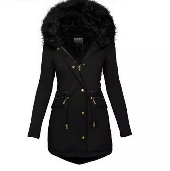 

Women s Mid-Length Hooded Cotton Jacket - Slim Fit with Fur Collar and Zipper, European and American Style. 4XL чорний