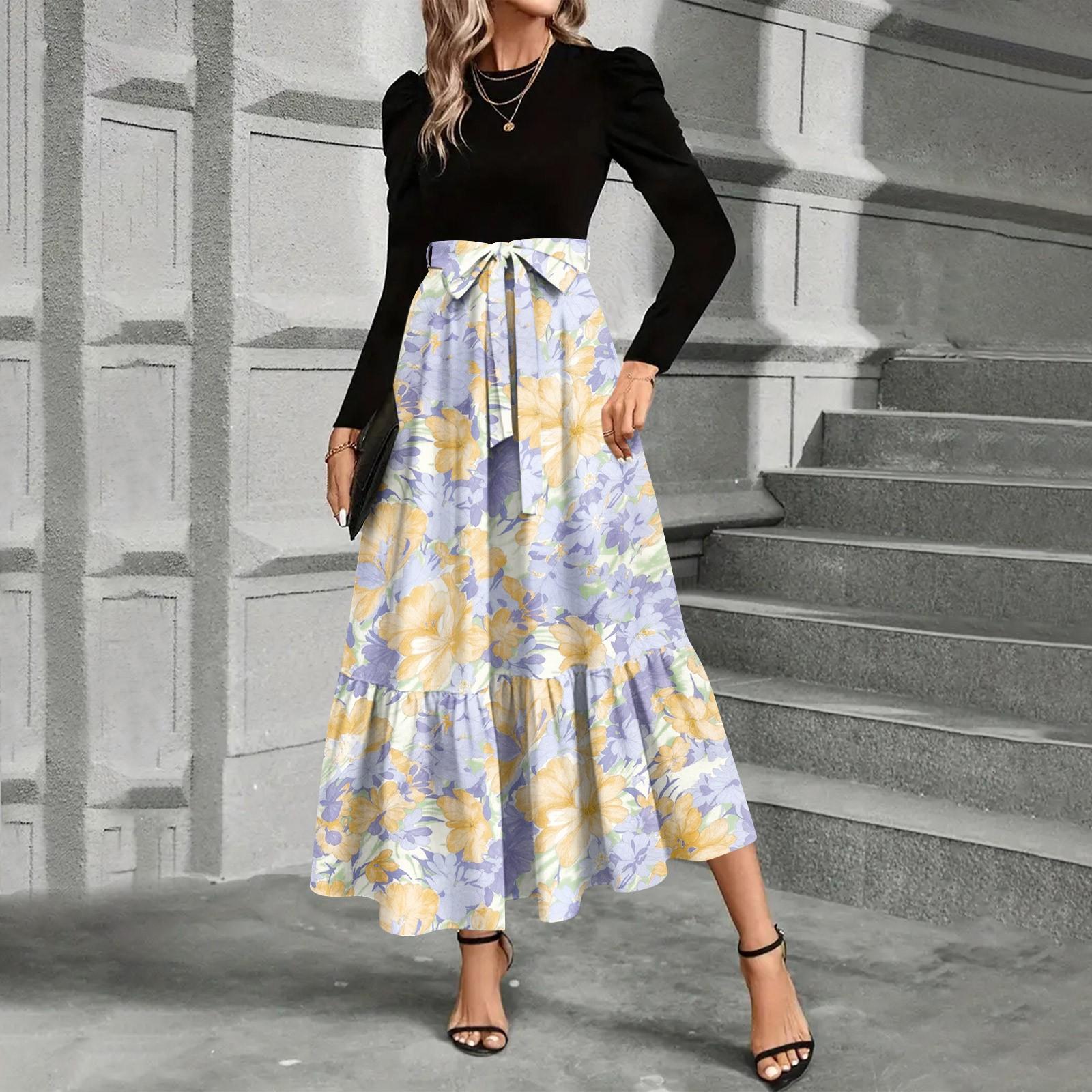 

Женское платье с цветочным принтом и высокой талией, модное и элегантное L жёлтый