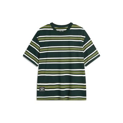 Weekend Youth Simple Versatile Striped Drop Shoulder Round Neck Cotton Short Sleeve T-Shirt Unisex Tops Retro-Green AHSU655-3
