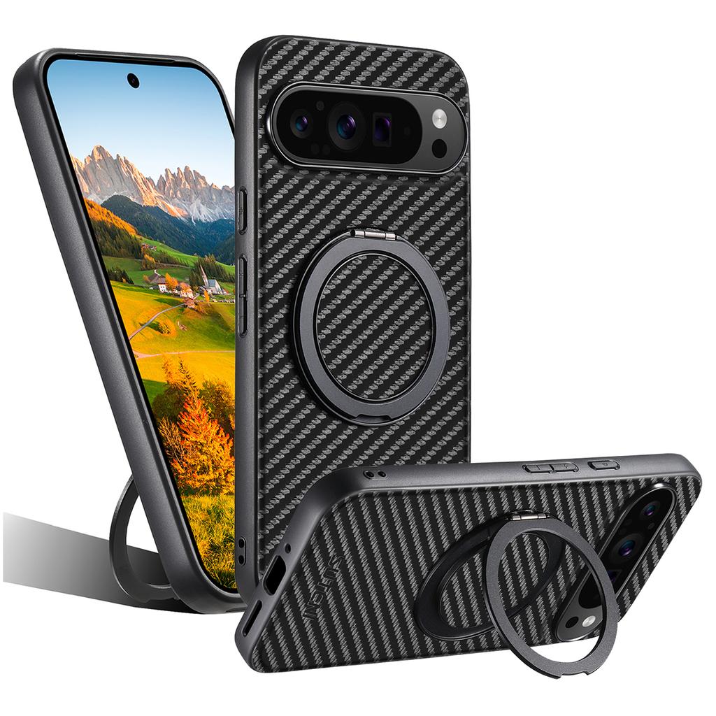 SUTENI G3 For Google Pixel 10 Pro XL Magnetic Case 360 Degree Rotating Kickstand Carbon Fiber Texture PU Phone Back Cover