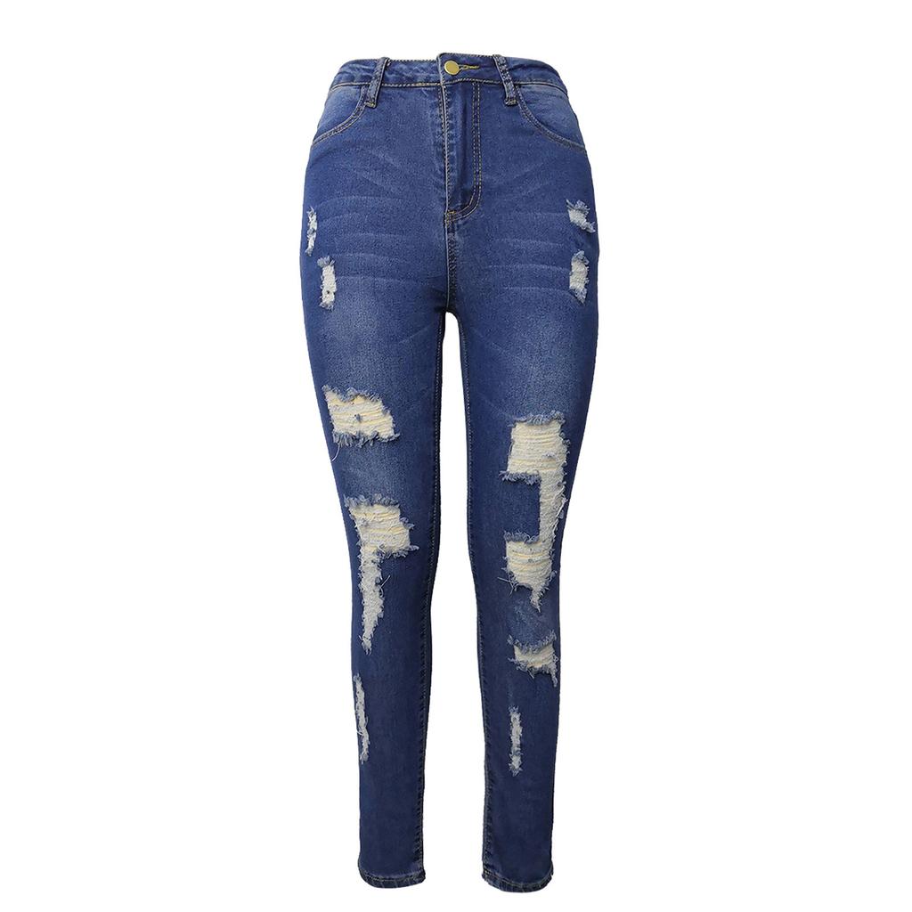 Women Button High Waist Pocket Elastic Hole Jeans Trousers Slim Denim Pants