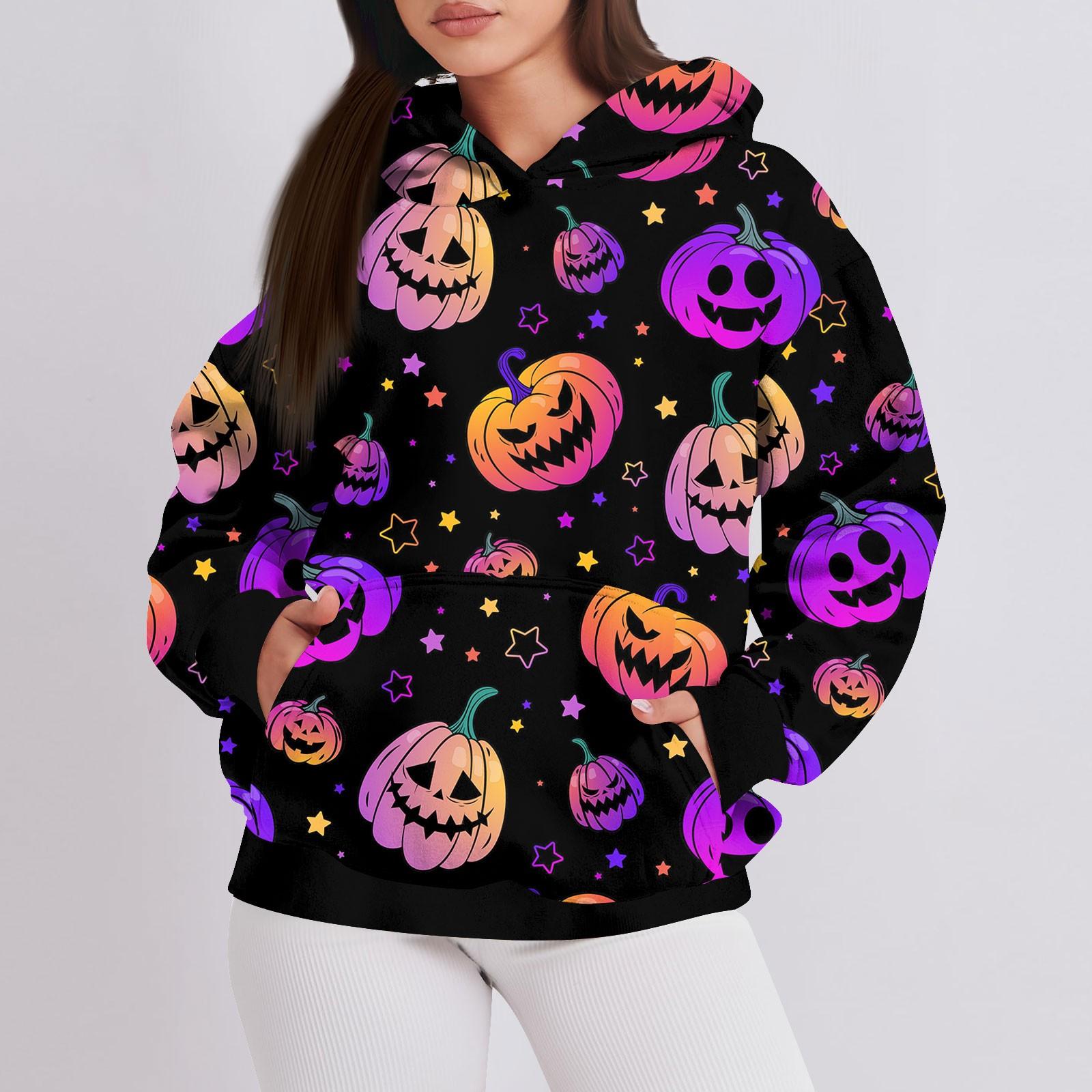 

Женская мода повседневный пуловер с капюшоном толстовка с длинным рукавом с принтом на Хэллоуин XL фиолетовый