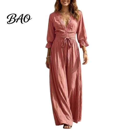 Daily Wear Lace Dress Women V-Neck for Fall, 3/4 Sleeves Maxi with Solid Color Belt, Loose Casual Long Vacation Three Quarter Sleeve