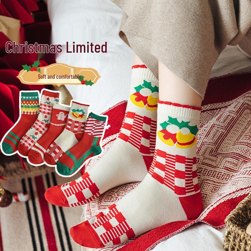 Women's Mid-Tube Red Christmas & New Year Socks - Trendy, Warm, Autumn/Winter Style