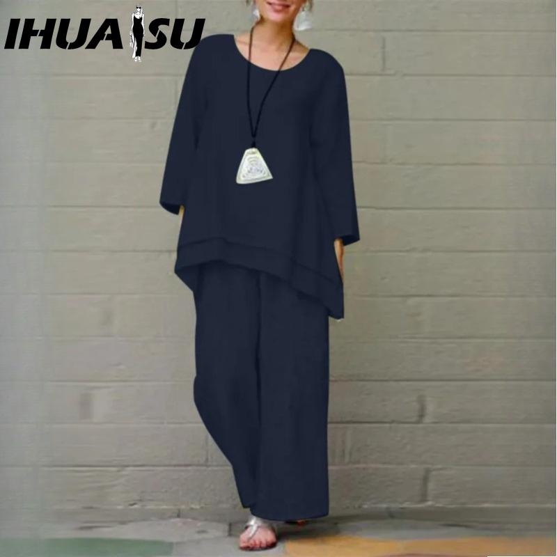 

IHUASU Женский однотонный винтажный брючный костюм из хлопка и льна, повседневный, с длинным рукавом, свободный хлопковый комплект XXXXXL темно-синий