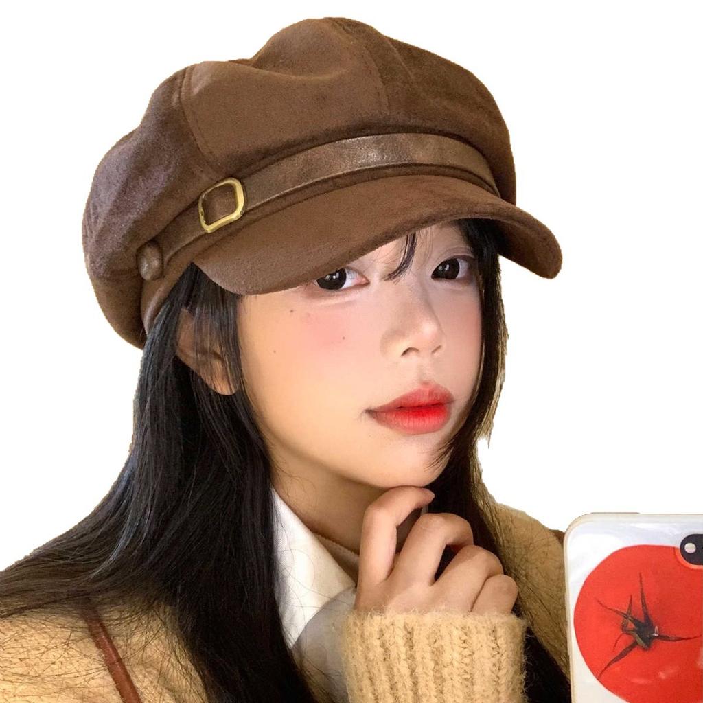 Vintage belt buckle suede beret children autumn and winter maillard style octagonal hat casual face little painter hat