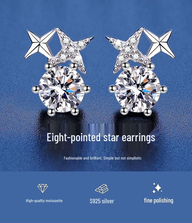 925 Sterling Silver Moissanite Eight-Pointed Star Stud Earrings - High-End Luxury Women's Jewelry Accessories