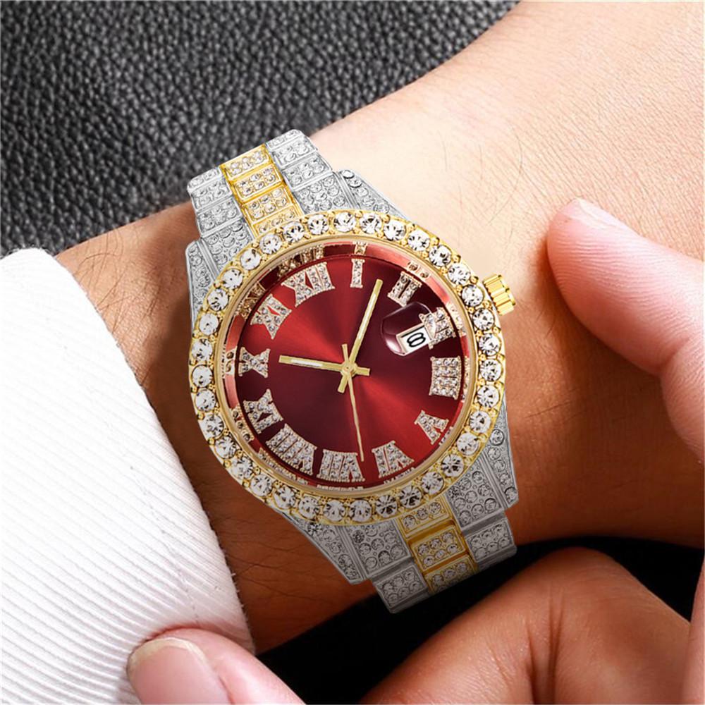 New Men's Full Diamond Steel Band Quartz Watch with Calendar