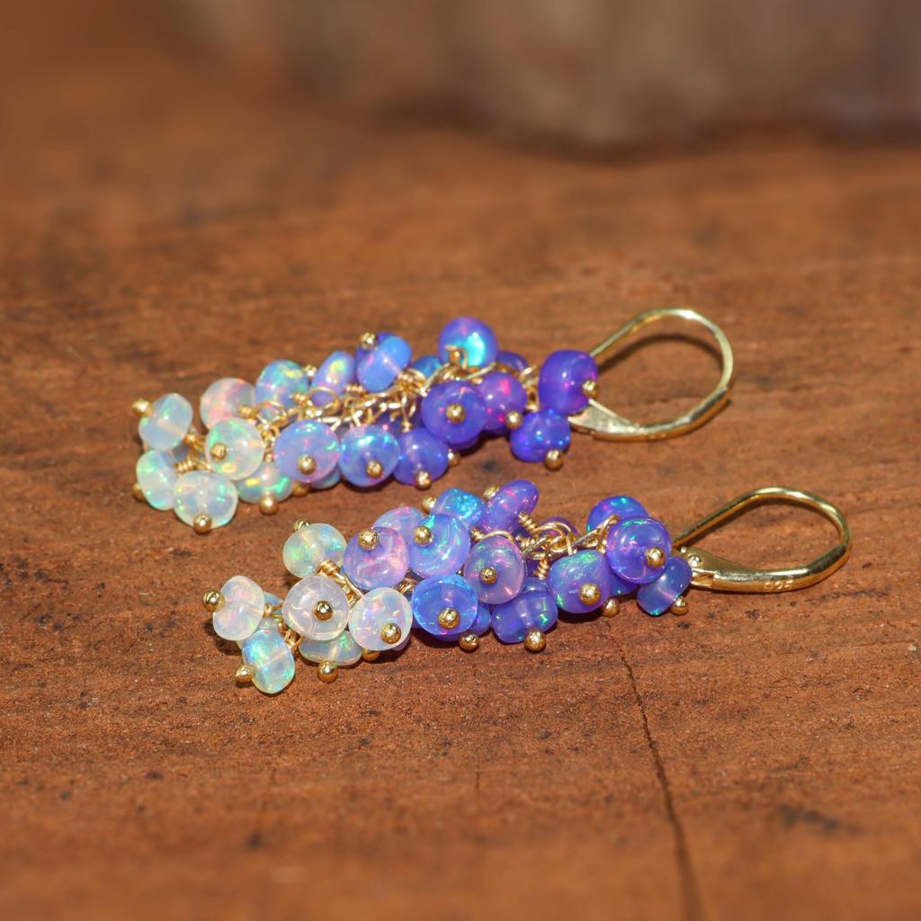 Lavender Opal Gemstone Cluster Earring, Opal Dangle Earrings for Women, Natural Opal Beaded Earring, Fire Opal Jewelry, October Birthstone