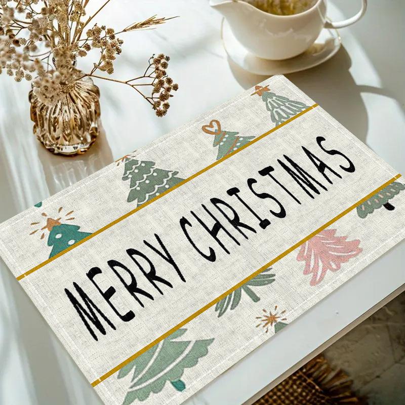 Christmas Linen Placemat Table Coffee Mat Poinsettia Pine Tree Snowflake Cone Merry Christmas Beige Red Green Elegant Decorative