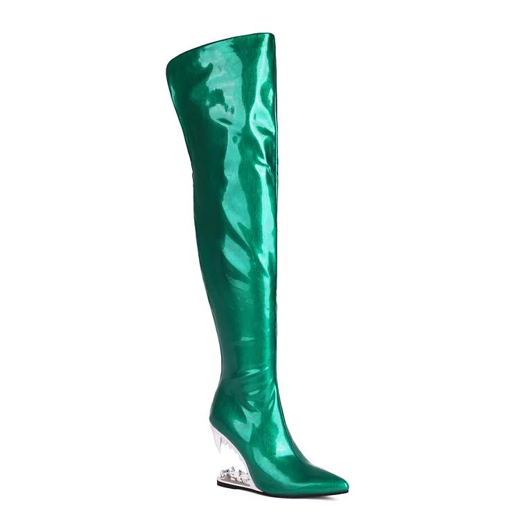 Fashion Silver Tiger Teeth Heel Design 10.5cm High Heels Over Knee Boot Women Winter Metal Hollowed Out Black Green Long Boots Size35-46
