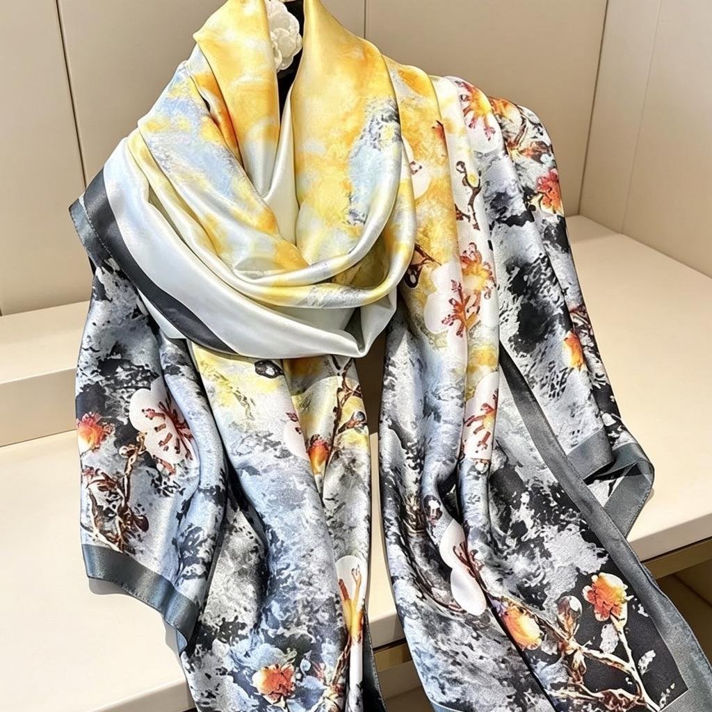 Korean Silk Brocade Scarf with Floral and Animal Motifs In Green