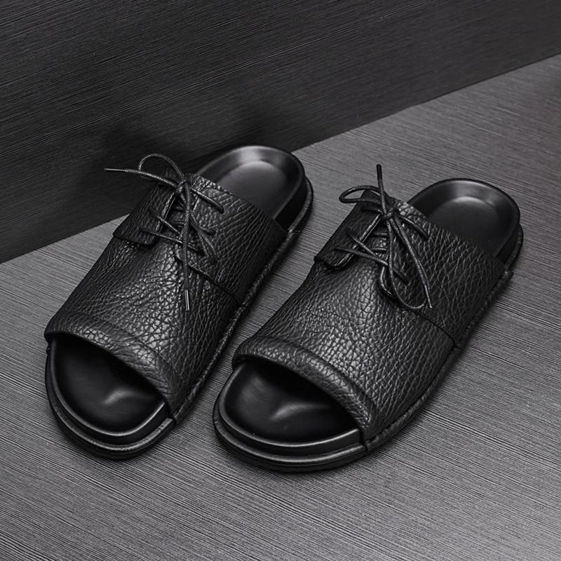 Top Luxus Herren Hausschuhe Echtes Leder Bequem Kühl Sommer 2024 Beliebt Neuankömmling Herren Strand Weiche Leder Sandalen Schwarz