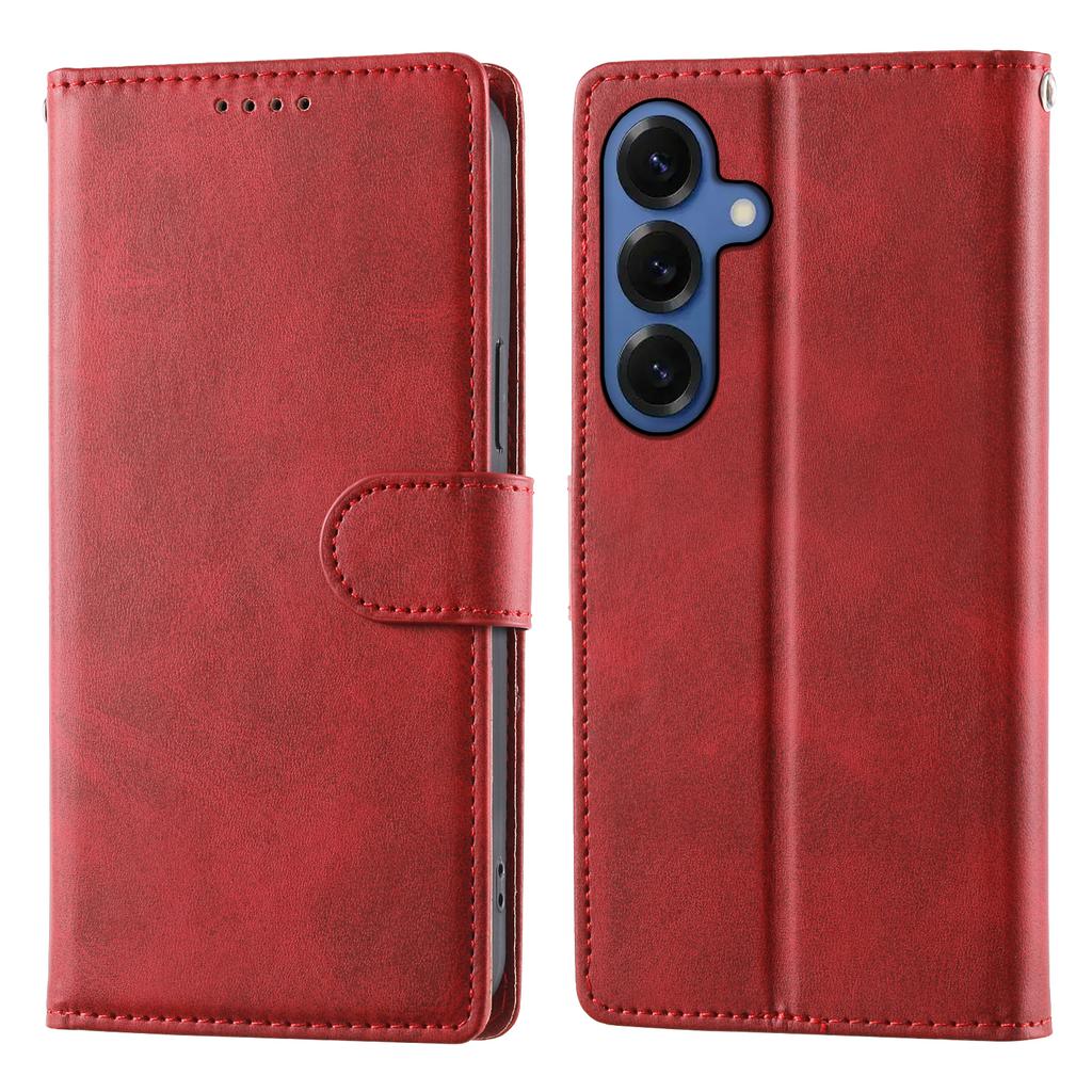 For Samsung Galaxy S26+ Case Stand Wallet Calf Texture PU Leather Flip Phone Cover with Wrist Strap
