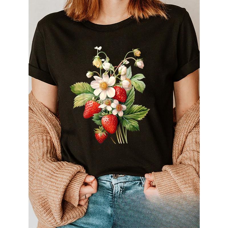 European Size Summer Flower Strawberries Print t-shirt, short sleeve crew neck casual top for summer & spring, Women's clothing