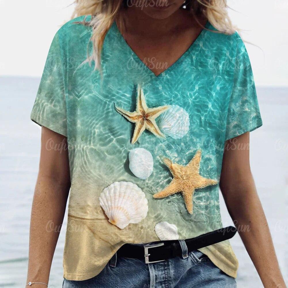 Top Women Sea Animals Printed T-Shirt For Women Oversized T-Shirts Women's Trending Clothing Summer Cheap  Beach T-shirt
