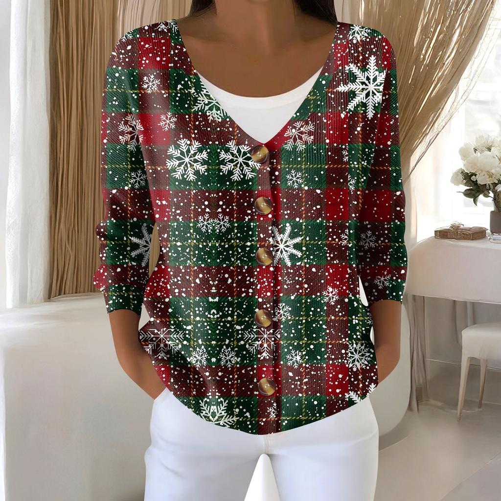 Damenmode Langarm Weihnachten Schneemann Schneeflocke Druck Jacke Strickjacke