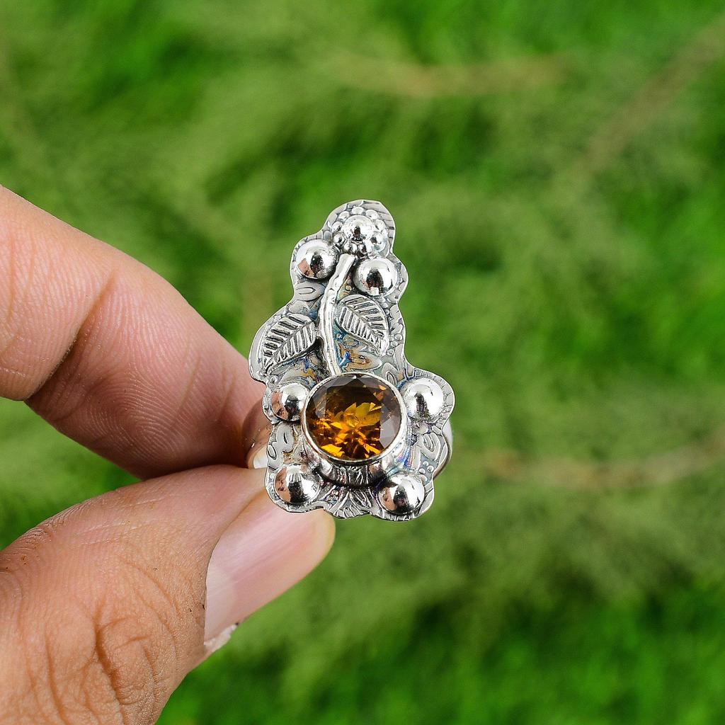 Mothers Day Sale Sterling Silver Round Natural Citrine Multi Stone Flower Ring