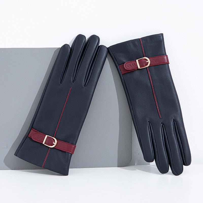 Fashionable Sheepskin Colored Genuine Leather Gloves for Women with Touch Screens  Warm and Fleece Clothing Gloves for Driving In Autumn and Winter