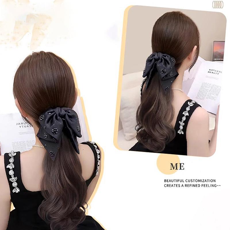 Synthetic Wigs Simulated Ribbon Bowknot Puffy Curly Grab Clip Ponytail Wig Women Headwear Extensions 40Cm