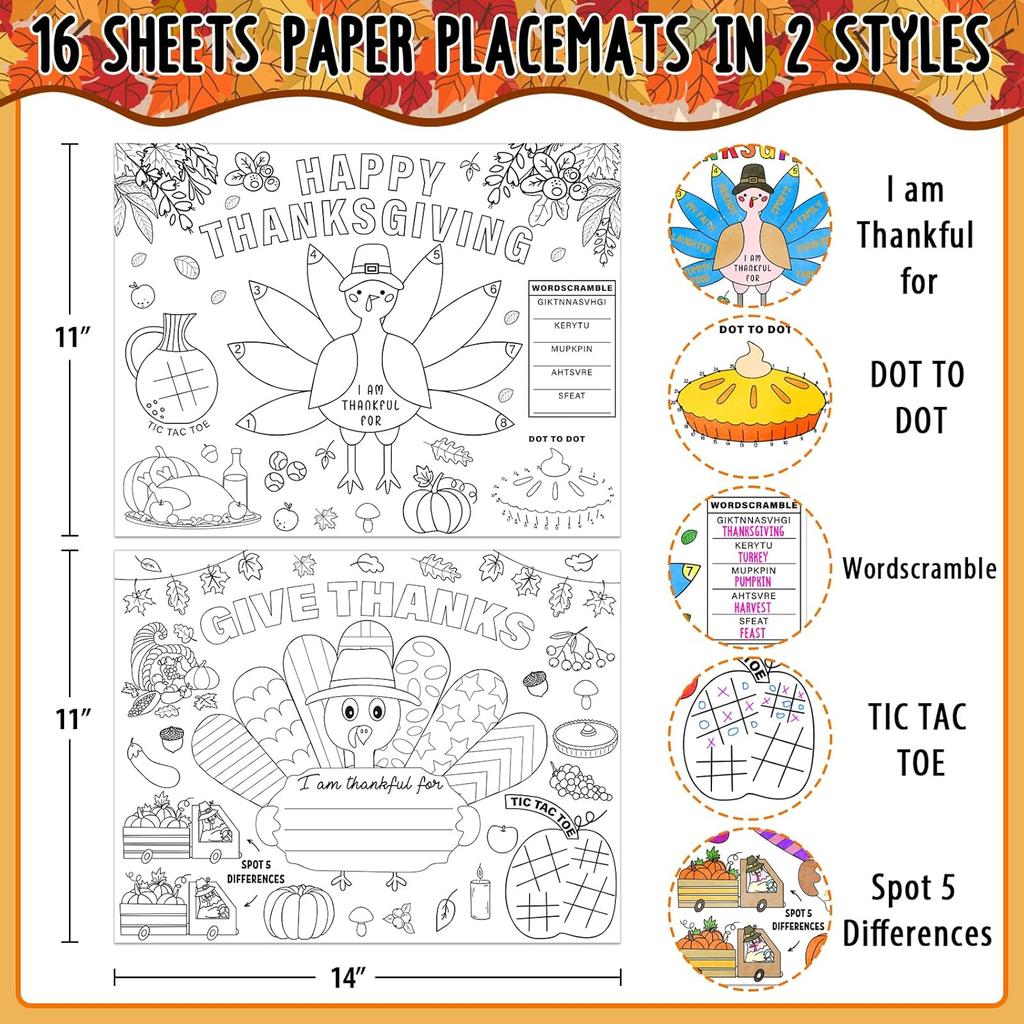 Thanksgiving Coloring Placemats for Kids 16PCS Fall Paper Placemats for Kids to Color Thanksgiving Paper Table Mats for Thankful Craft Activity