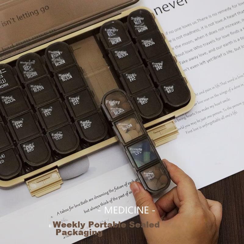 Jinlongxing Pill Organizer Box with 28 Compartments, Weekly Pill Reminder, Daily Medication Reminder, Portable Pill Dispenser for Elderly