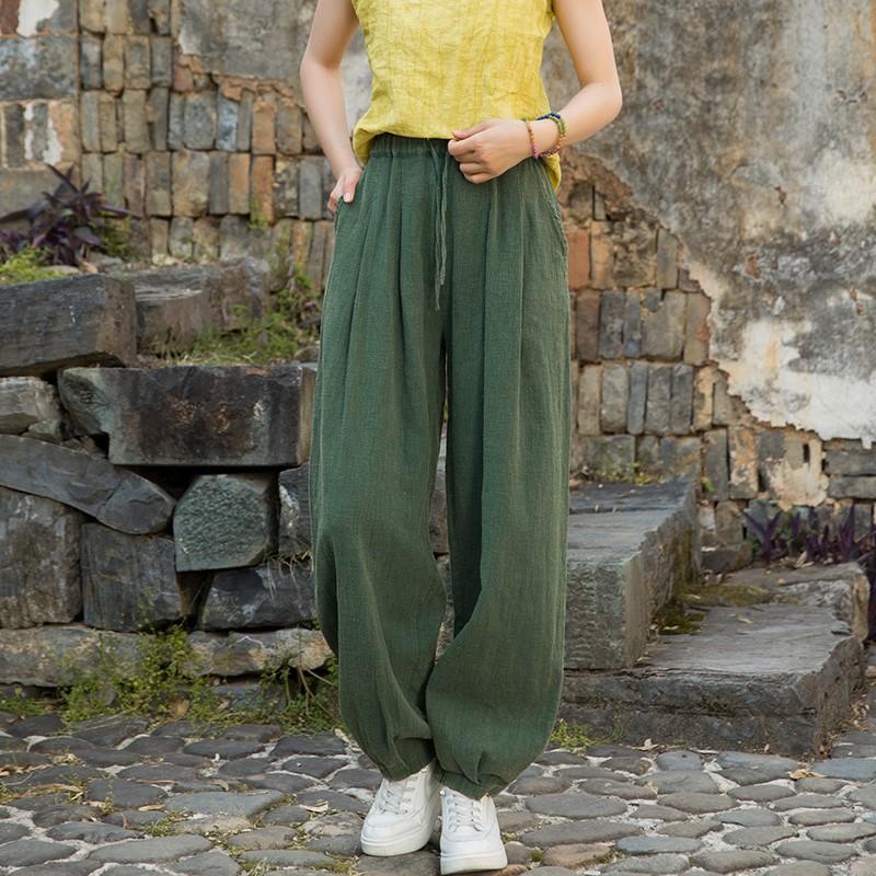 Johnature Damen Vintage Pumphose Hose Einfarbig Elastischer Bund Frühling Locker Taschen Gürtel Damen Lange Hose