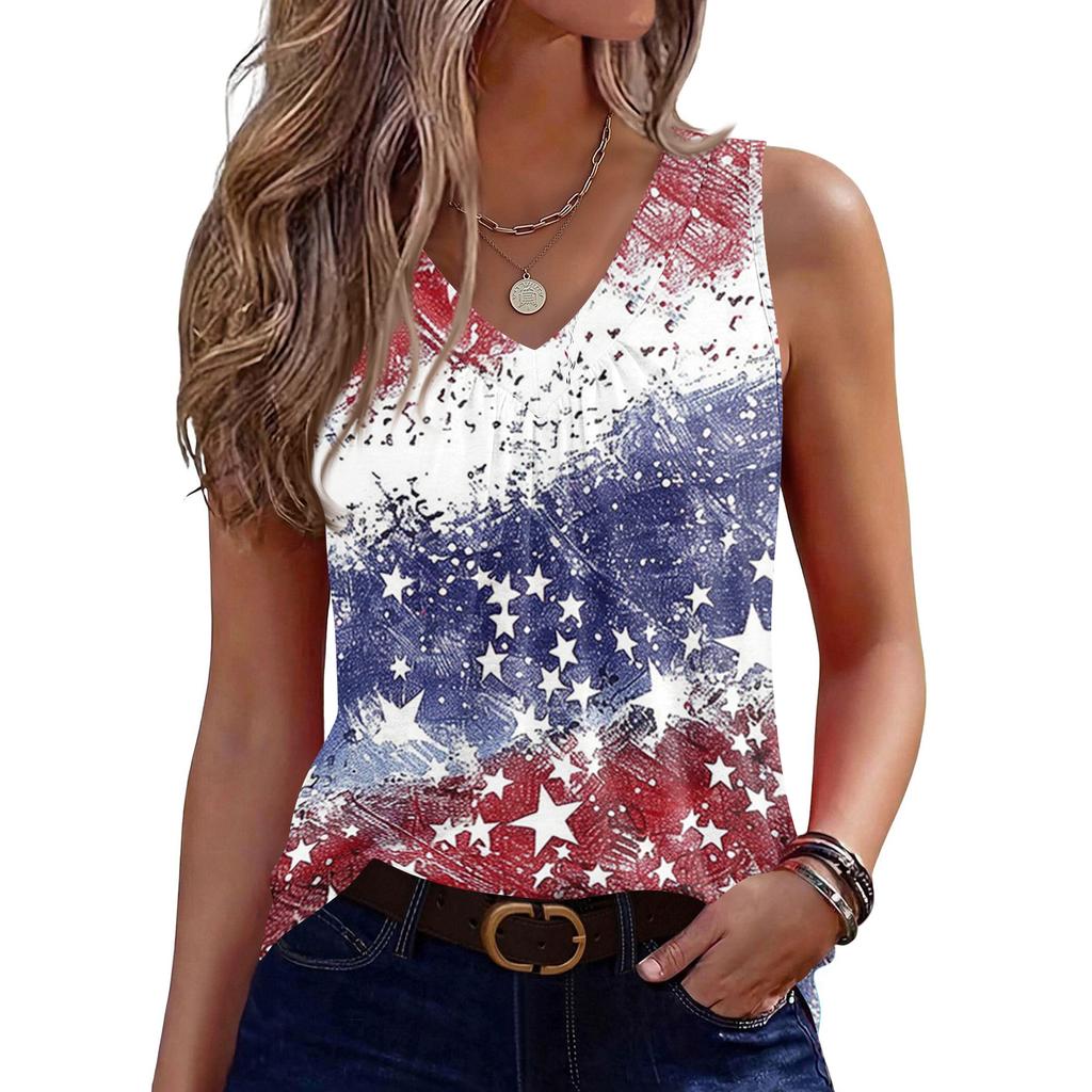 V-Neck Tank Top Women Print Tank Tee Casual Loose Fit Sleeveless Shirt