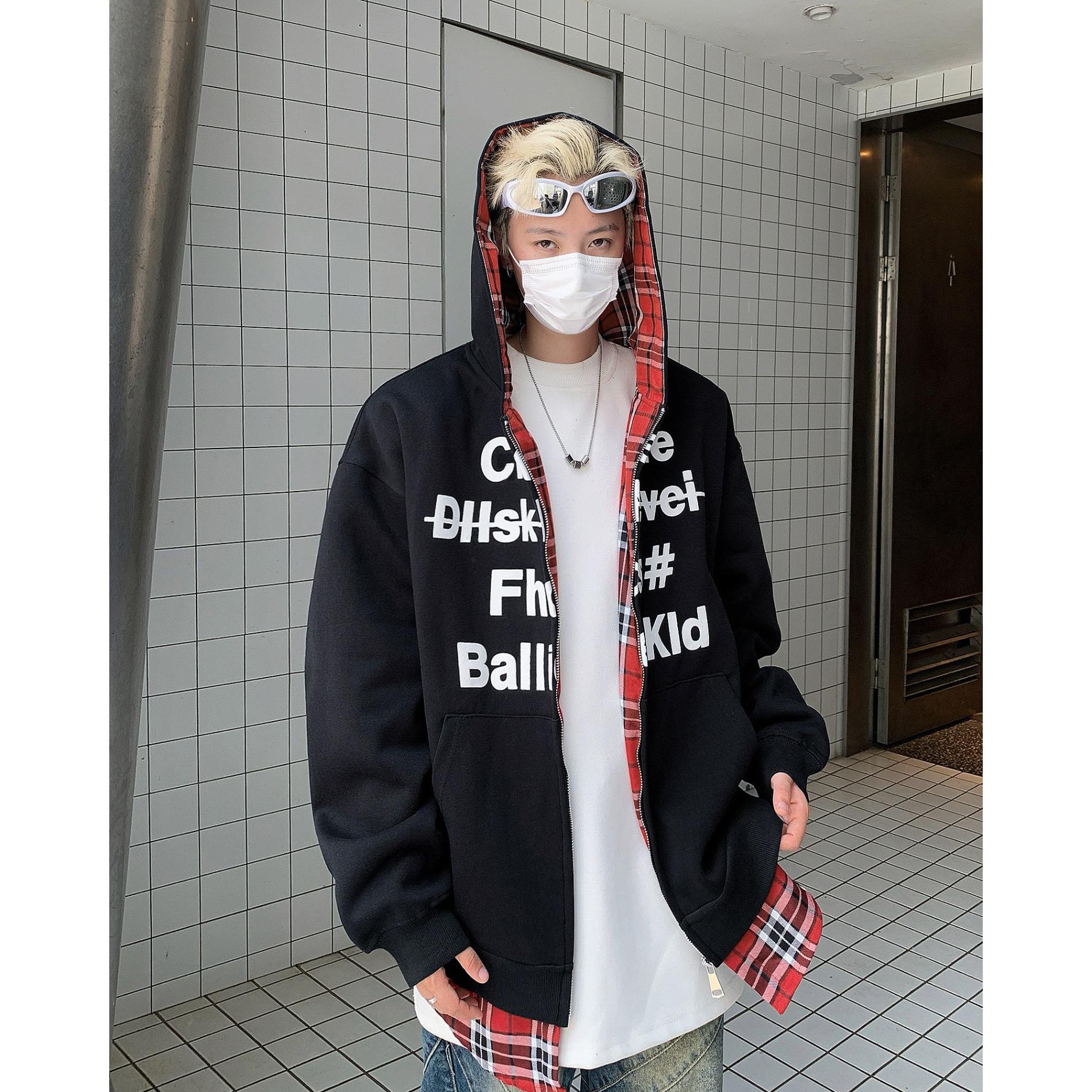 Men s Guochao Plaid Patchwork Hooded Sweatshirt - Loose Fit, Casual Autumn/Winter Cardigan. Extra Large