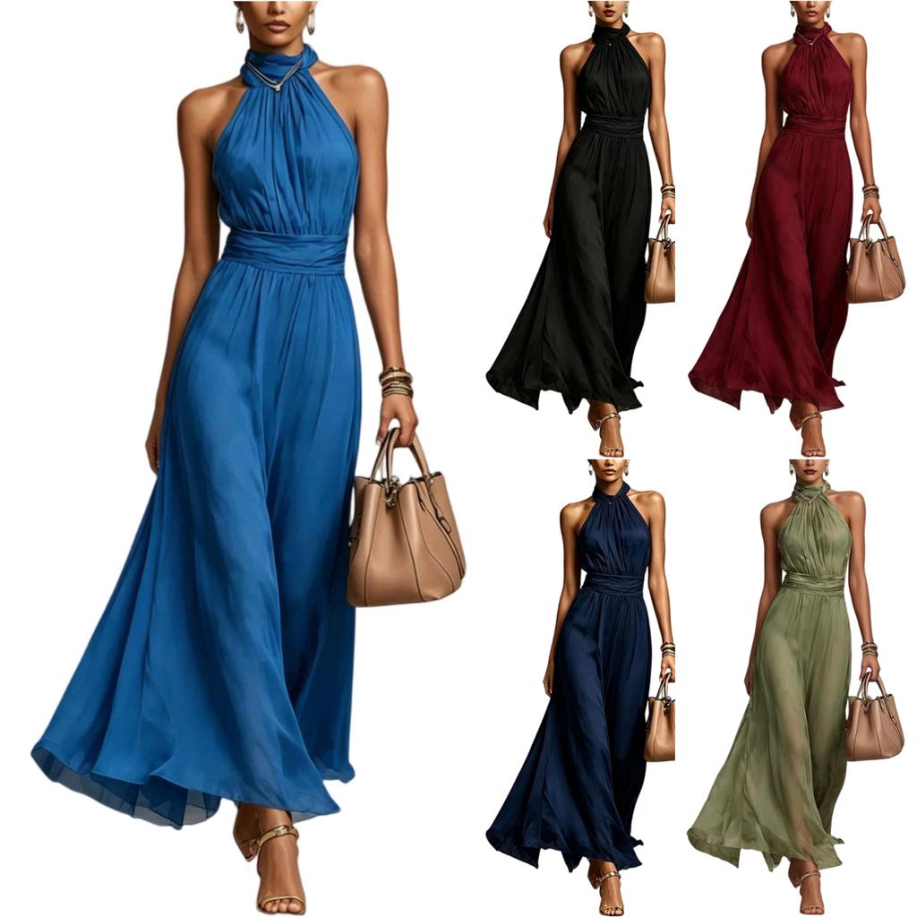 Women’s Neck Chiffon Maxi Dress Ruched Waist Sleeveless Flowy Long Dress Vacation Style Elegant Design