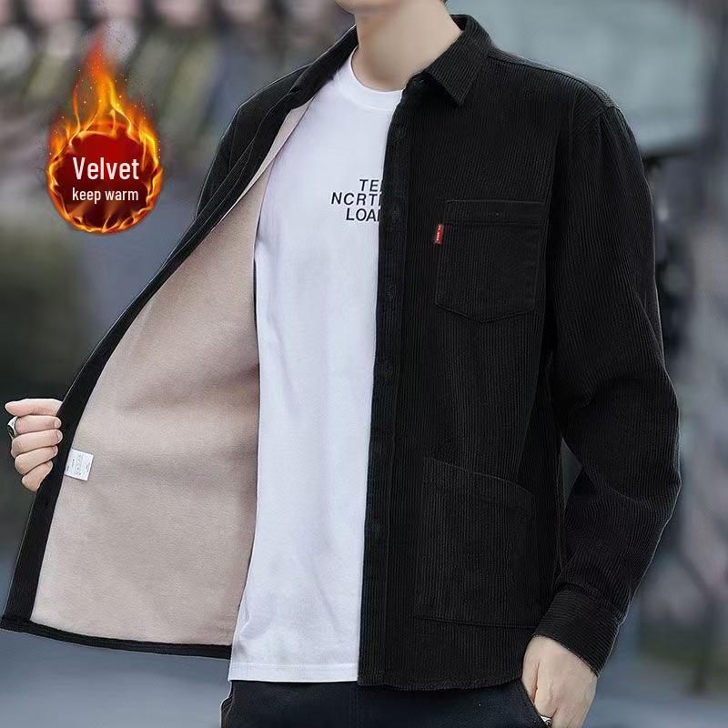 Men's Autumn Long Sleeve Velvet Corduroy Jacket with Real Pockets - Solid Color Casual and Trendy Shirt