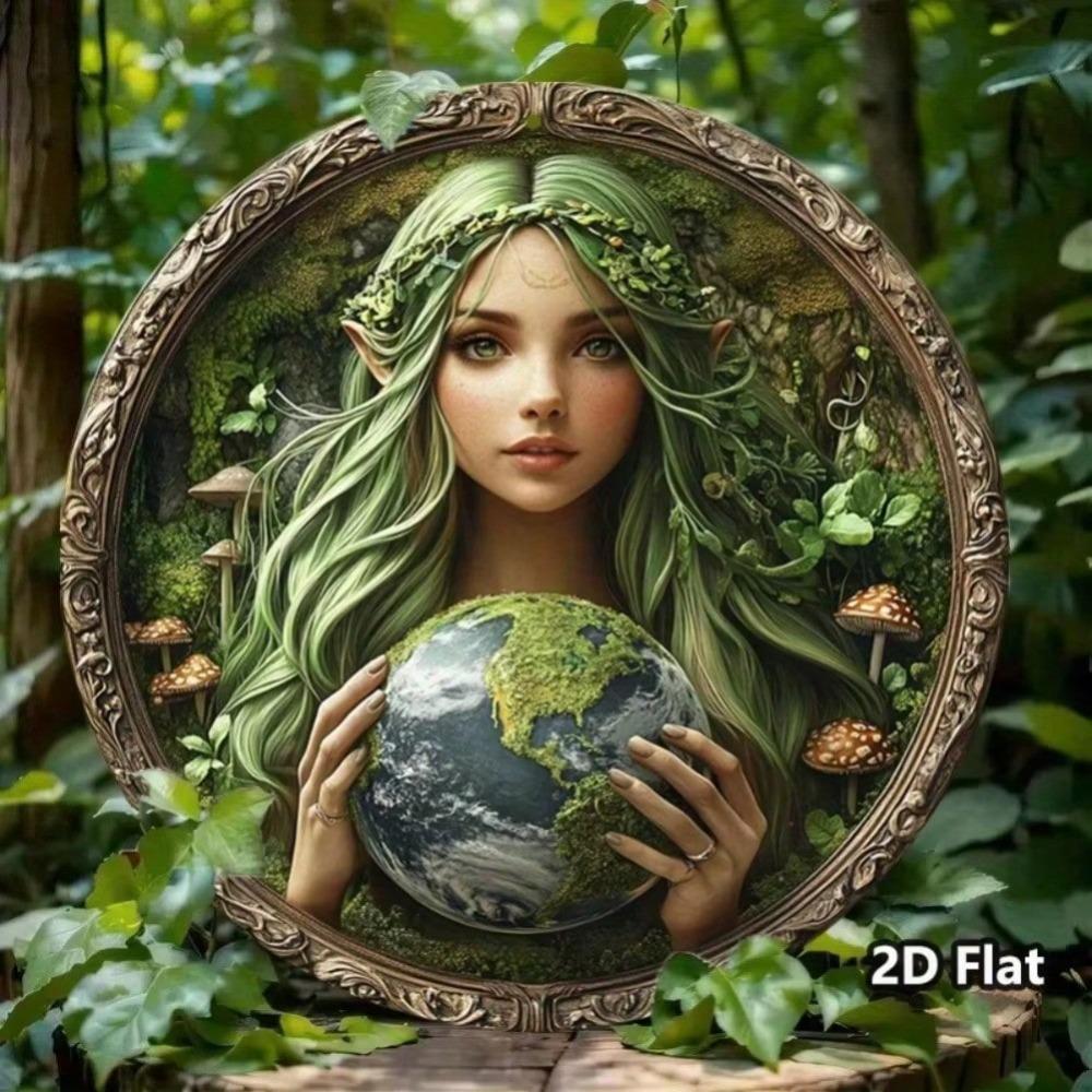 Vintage Earth Metal Wall Art Round Green Haired Woman Globe Home Decor Halloween Gift