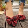 Women Flats Retro Red Plaid Bow Pointed Toe Shallow Loafers Walking Comfortable Breathable Soft Lightweight Casual Flat Shoes