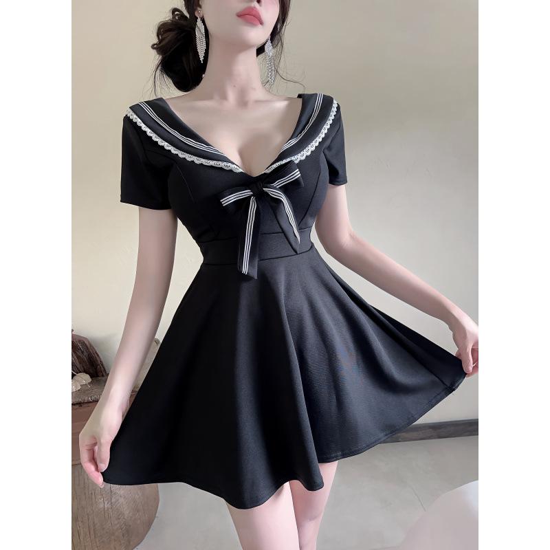 

9789 Nightclub Women s Sexy Color Block Low Cut Short Sleeve Dress Medium чёрный