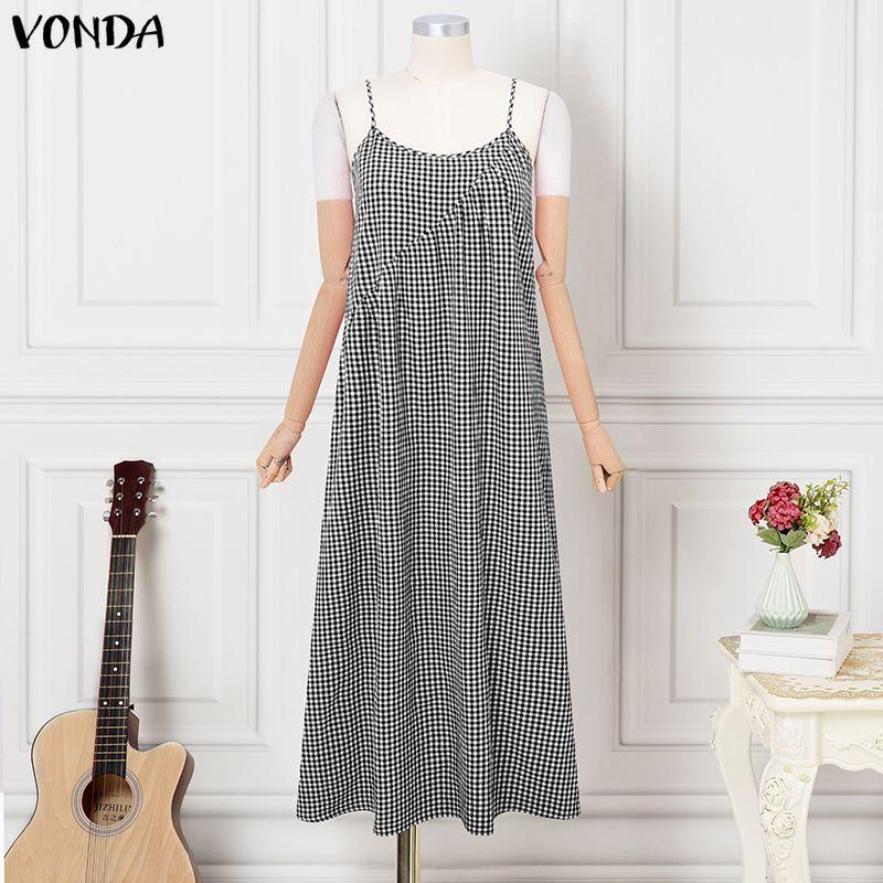 

VONDA Summer Women Sleeveless Strap Plaid Print Casual Long Dress Sundress M чёрный