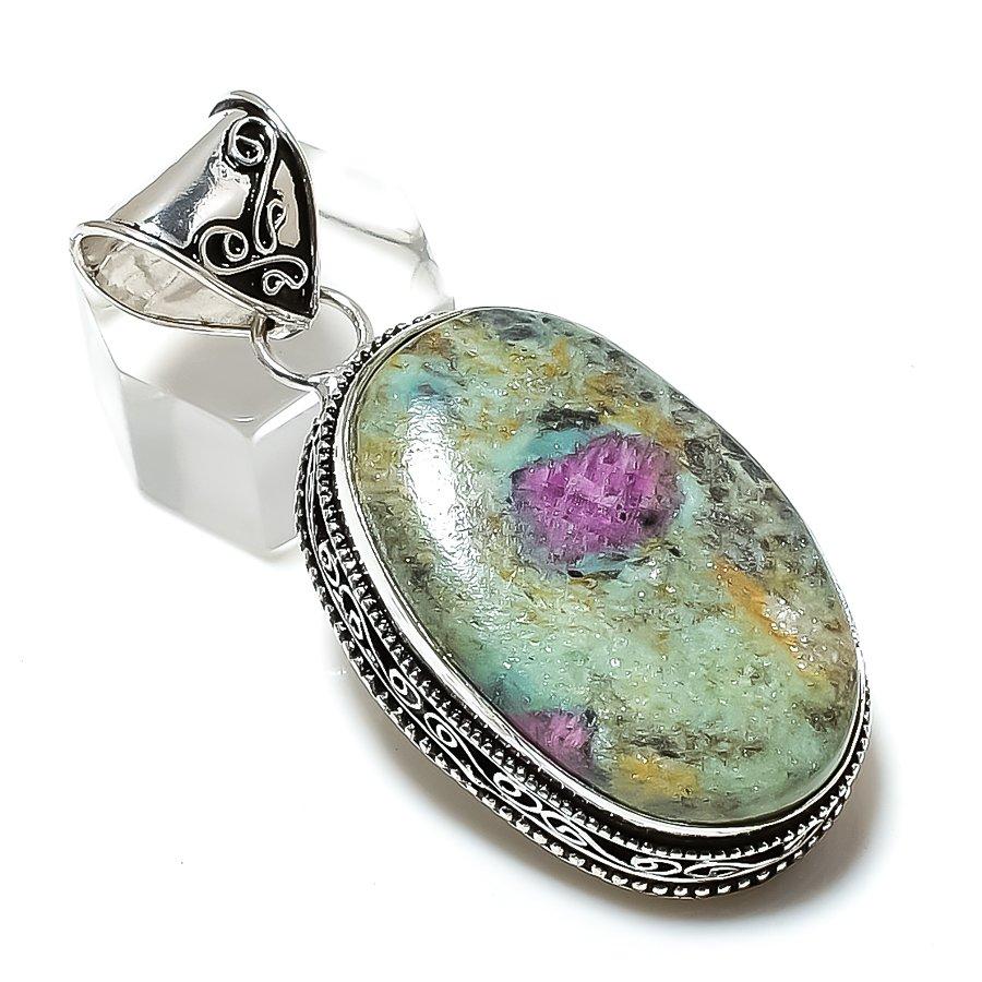 Natürlicher Rubin-Fuchsit-Edelstein, handgefertigter Anhänger aus 925er Sterlingsilber, 5,4 cm, t3o43