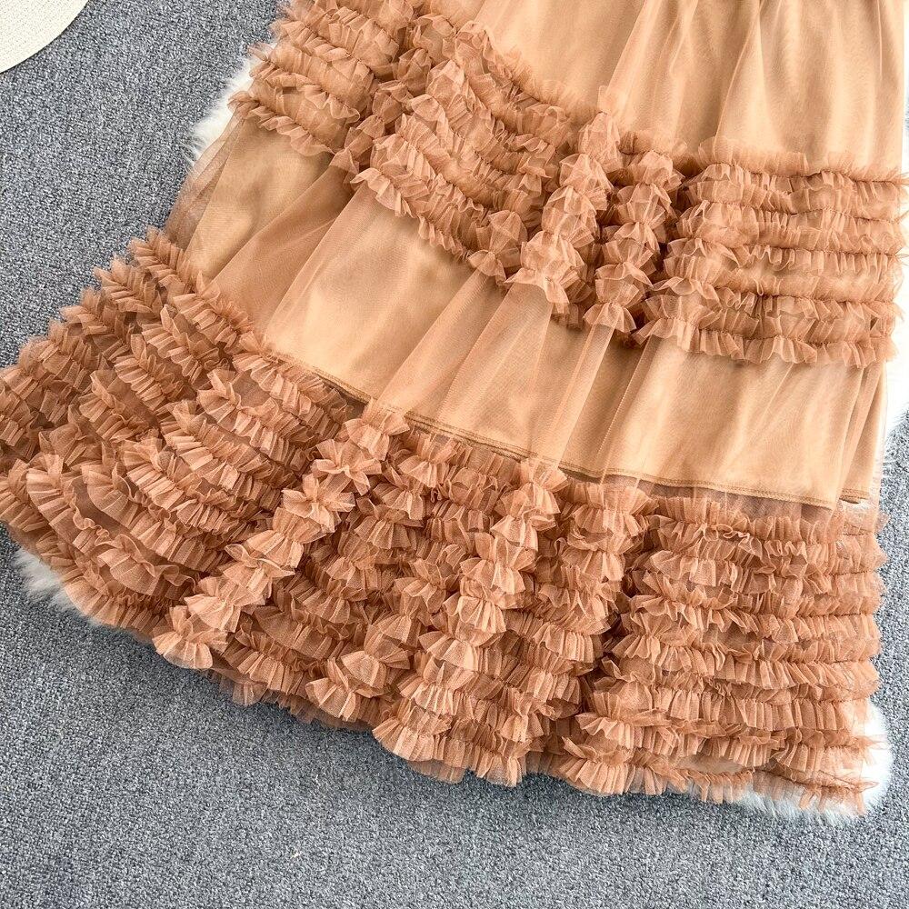 Summer High Waist Thin Multi-Layer Wooden Ear Side Puffy Cake Dress Elastic Waist Medium And Long Mesh A-Shaped Dress Female