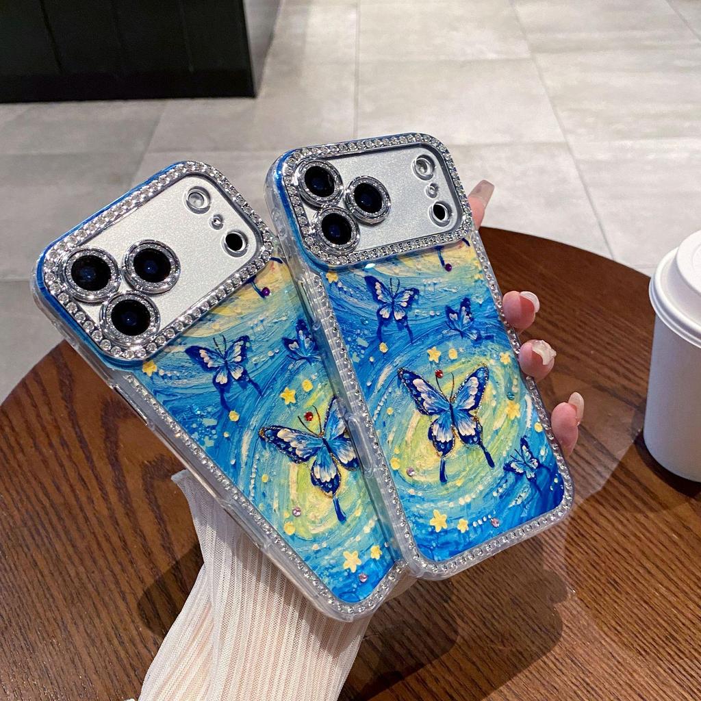 Starry Butterfly iPhone Case: Rhinestone Blue Light, Full Coverage for iPhone 12-17 Pro Max, Women's Style