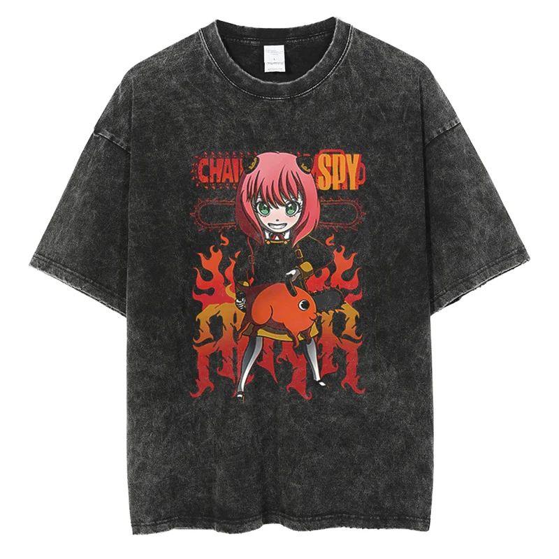 Nouveau T-shirt de haute qualité Chainsaw Man Anime pour hommes et femmes en coton avec impression lavée vintage Streetwear Rétro Hauts de Sport Fitness