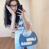 IELGY Chain Denim Ingot Bag, Spice Girl Trendy Cool Chain Embroidery Printing Niche Portable Oblique Span Women's Bag
